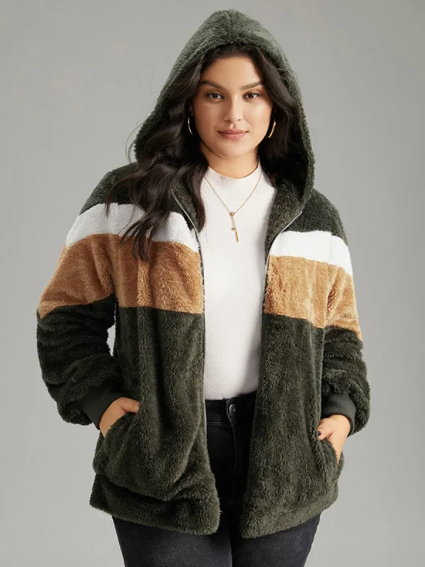 Colorblock Contrast Fuzzy Zipper Jacket sold by Bloomchic