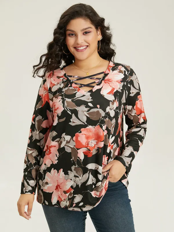 Floral Print Crisscross V Neck T-shirt sold by Bloomchic