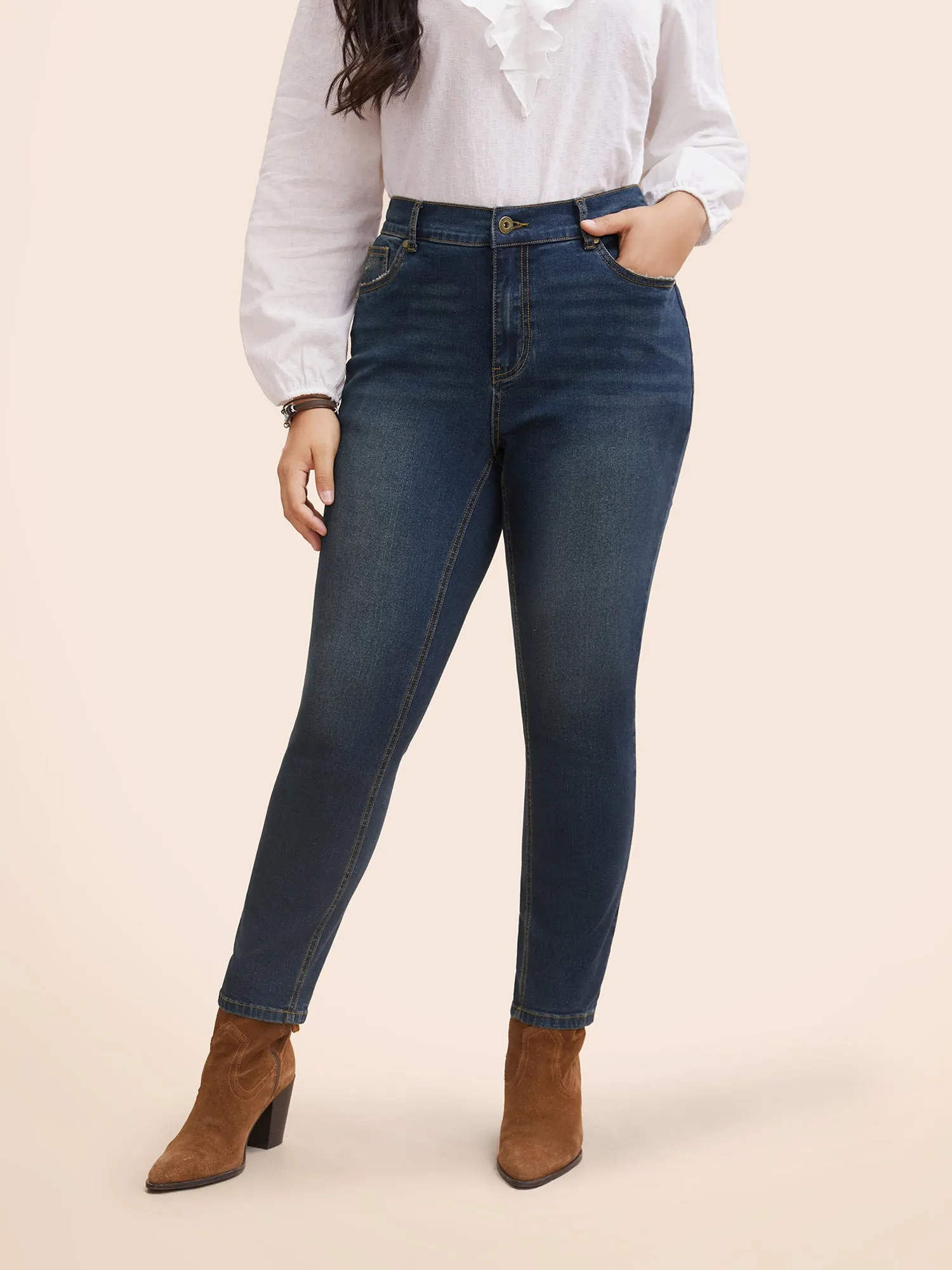 Stretch Denim Pocket Distressing Slim-Fit Jeans sold by Bloomchic