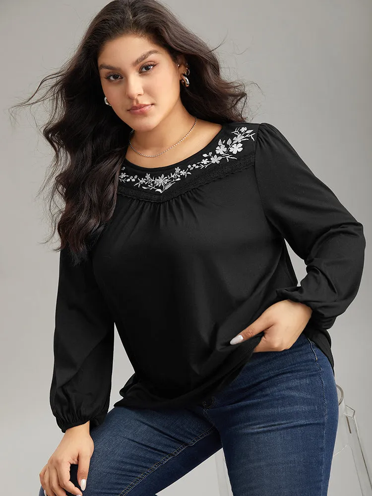 Floral Embroidered Gathered Elastic Cuffs T-shirt sold by Bloomchic