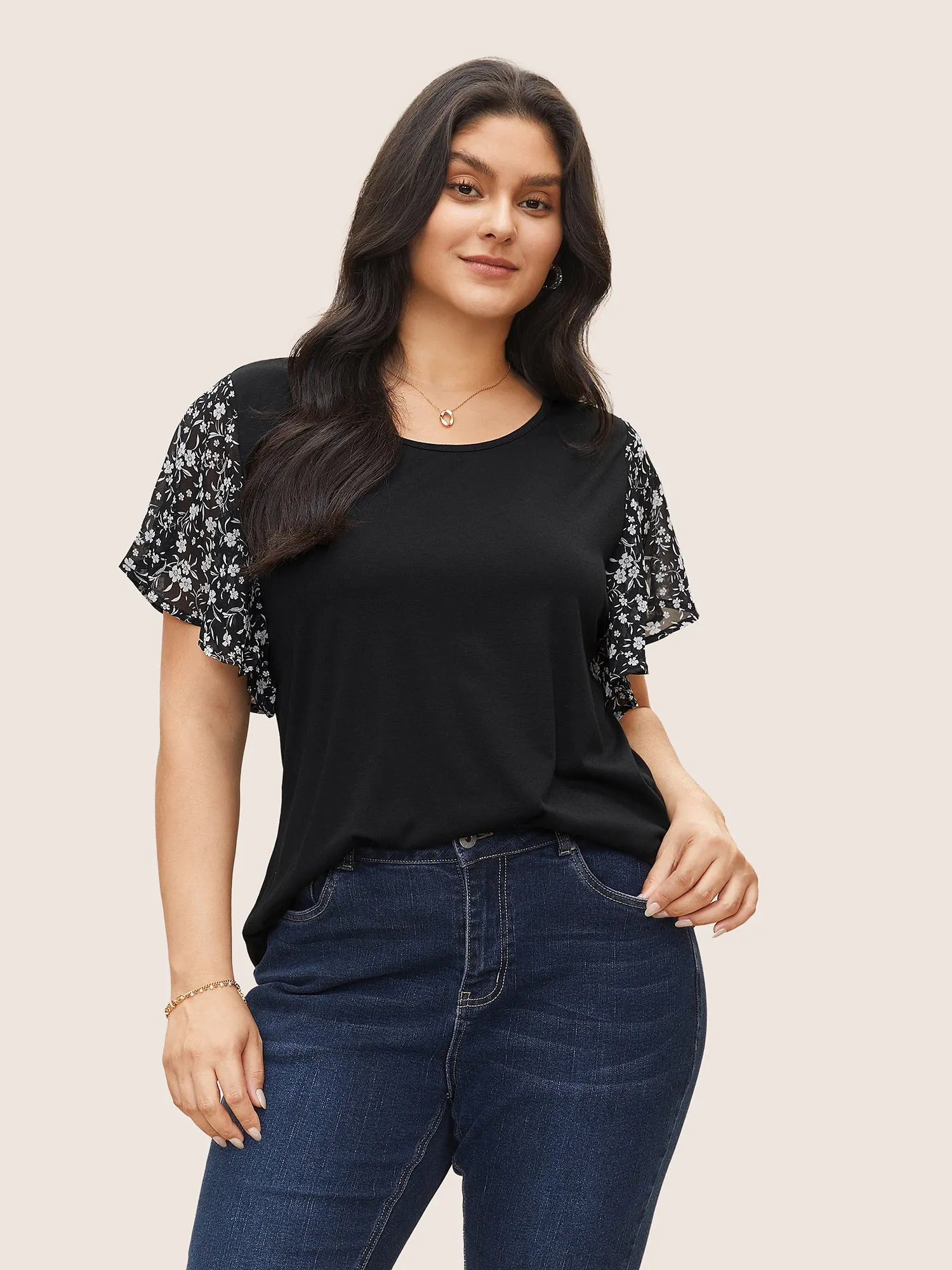 Ditsy Floral Ruffle Sleeve Round Neck T-Shirt sold by Bloomchic product image thumbnail 4