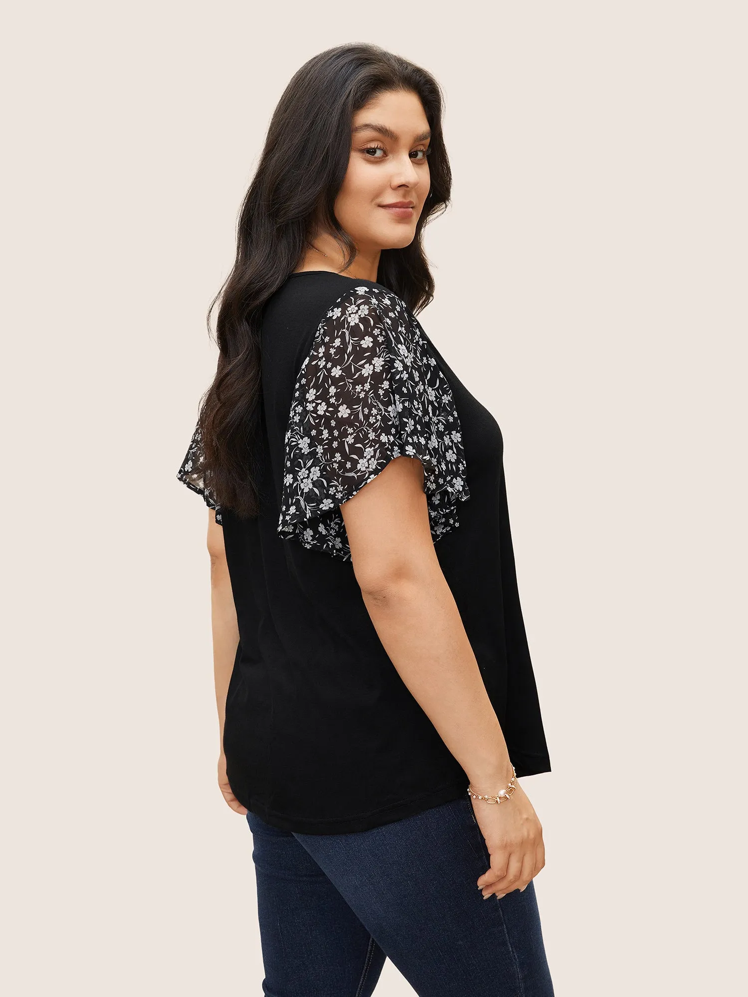 Ditsy Floral Ruffle Sleeve Round Neck T-Shirt sold by Bloomchic product image thumbnail 2