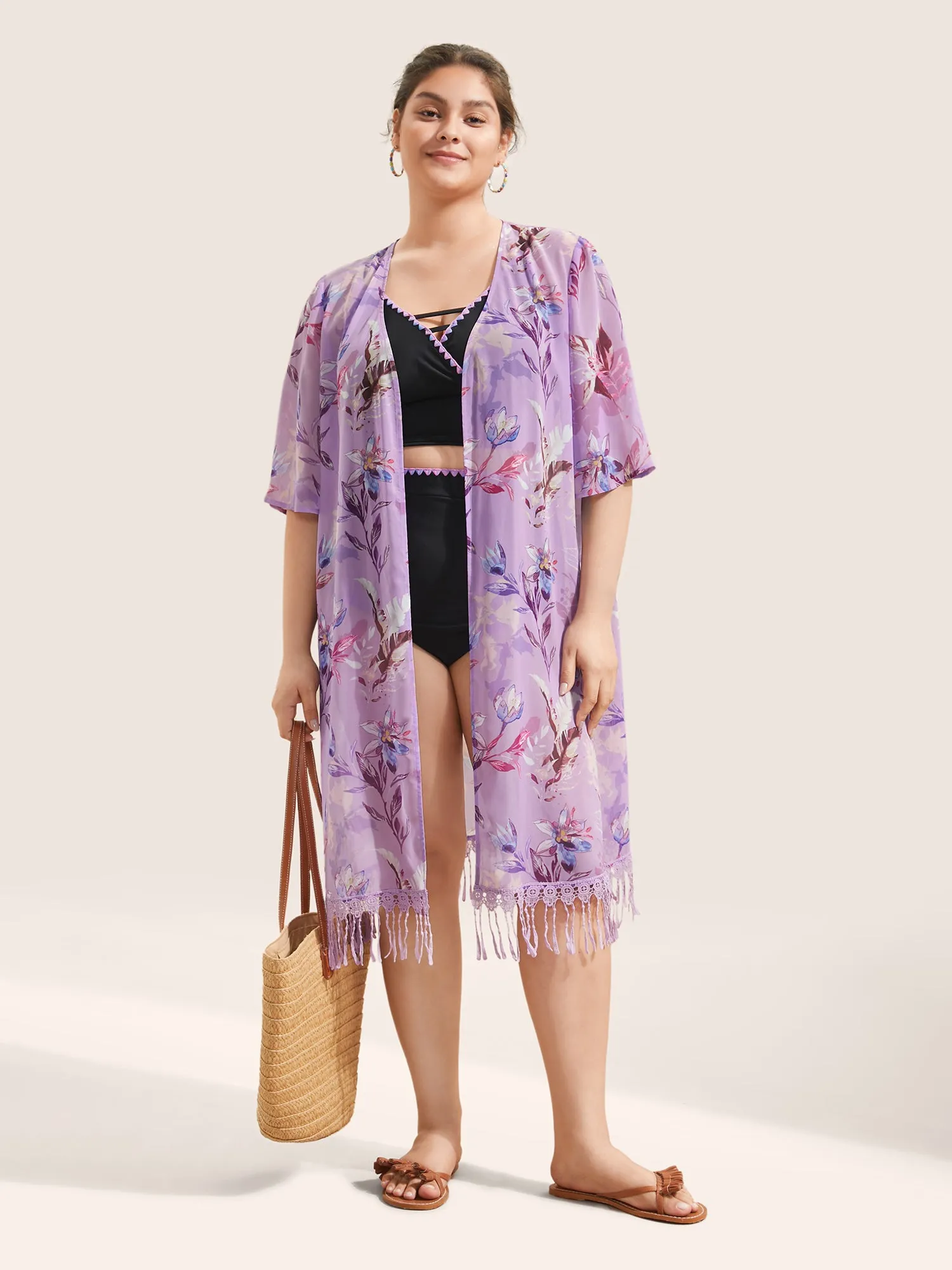 Floral Lace Patchwork Mesh Tassels Trim Kimono sold by Bloomchic