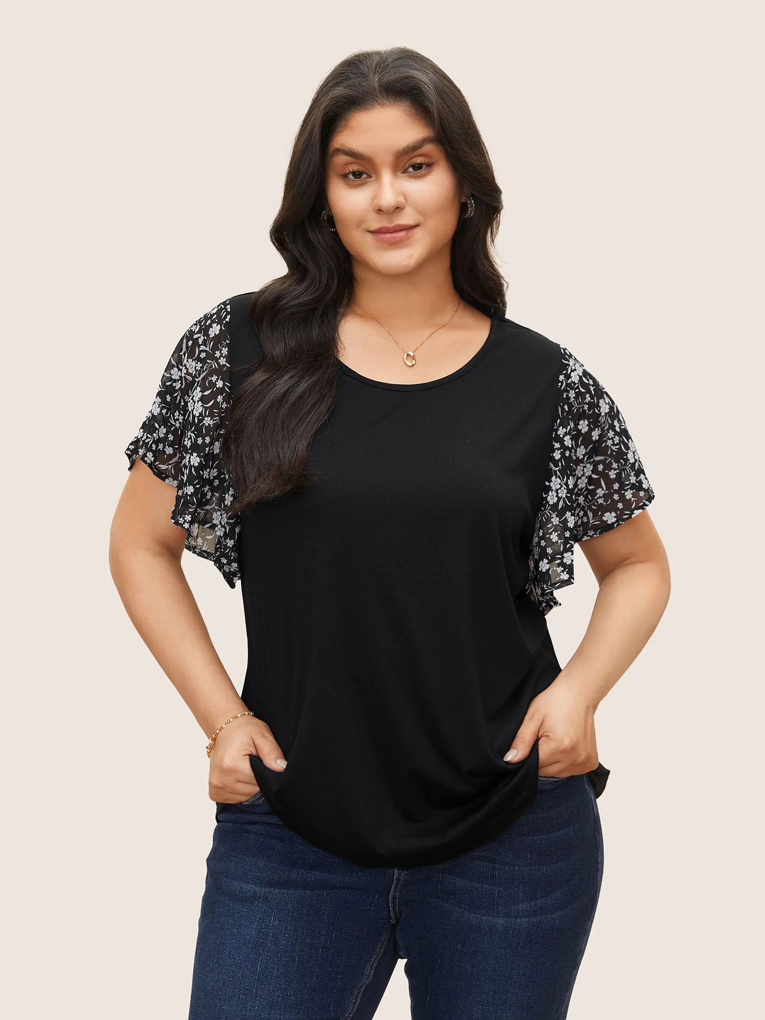 Ditsy Floral Ruffle Sleeve Round Neck T-Shirt sold by Bloomchic