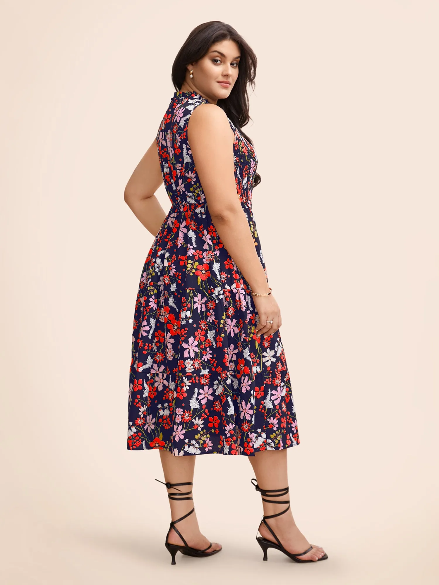 Floral Shirred Mock Neck Cut Out Pocket Ruffle Hem Dress sold by Bloomchic product image thumbnail 4