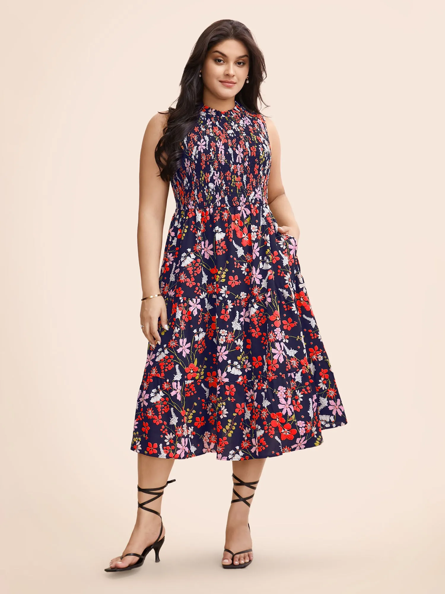 Floral Shirred Mock Neck Cut Out Pocket Ruffle Hem Dress sold by Bloomchic