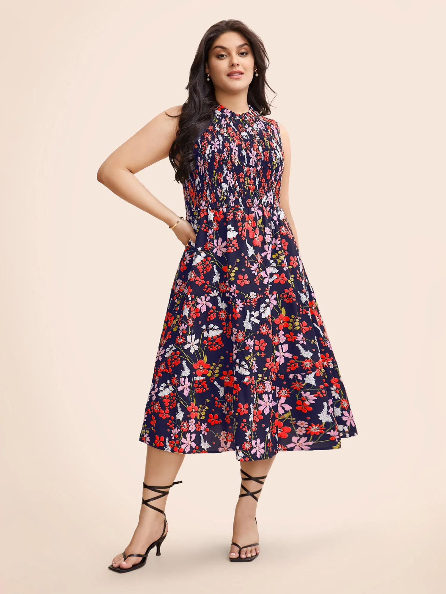 Floral Shirred Mock Neck Cut Out Pocket Ruffle Hem Dress sold by Bloomchic product image thumbnail 2