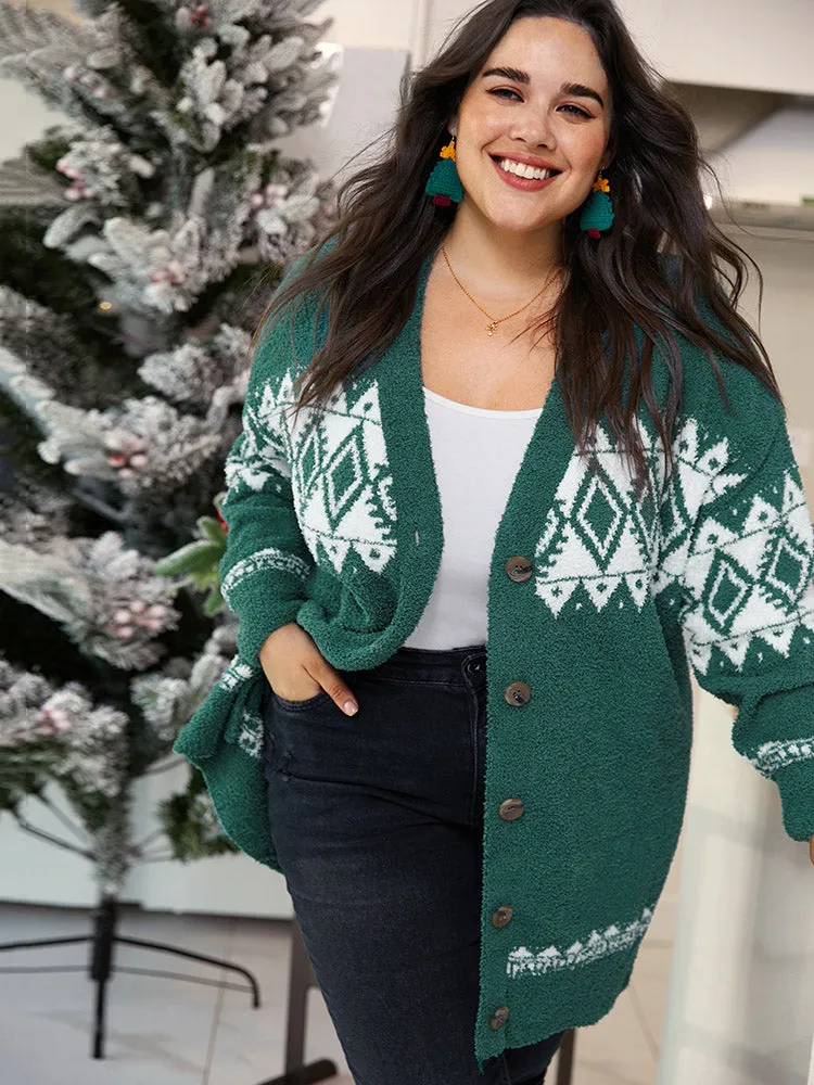 Fuzzy Geo Graphic Button Fly Cardigan sold by Bloomchic