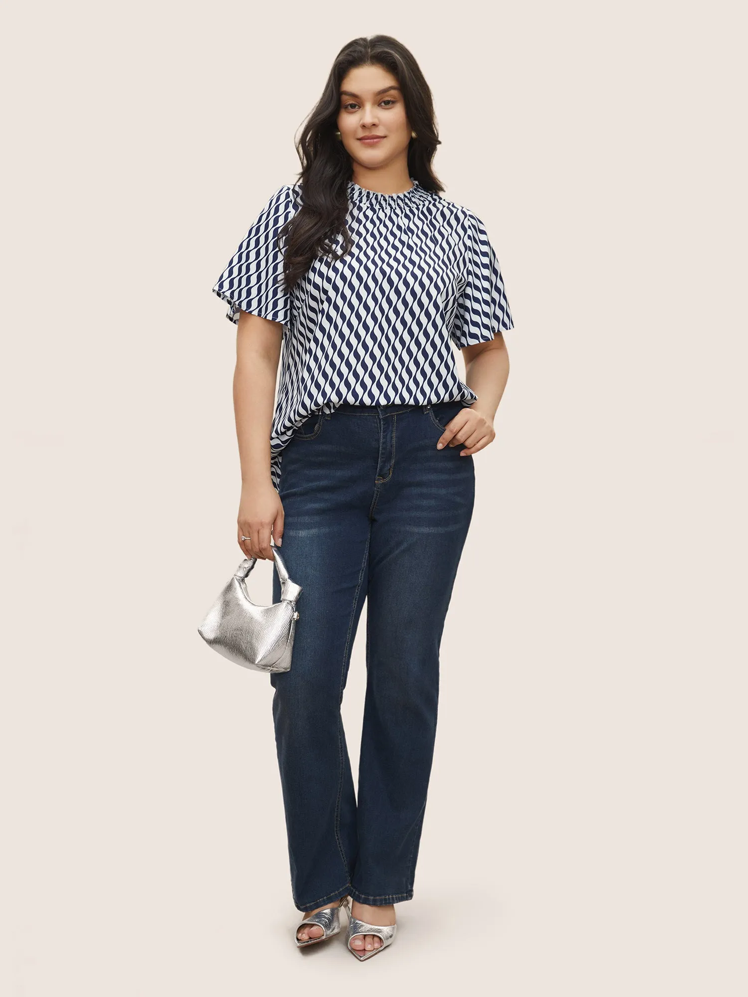 Geometric Mock Neck Shirred Ruffle Sleeve Blouse sold by Bloomchic product image thumbnail 3