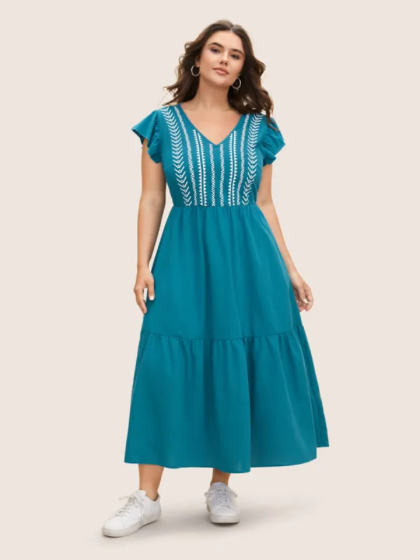 Cotton Bandana Geometric Ruffle Cap Sleeve Midi Dress sold by Bloomchic