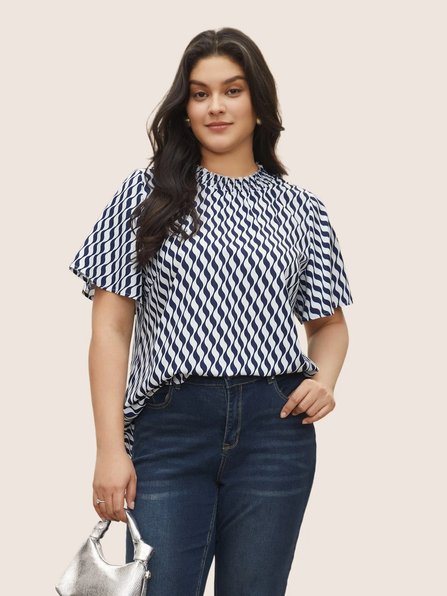 Geometric Mock Neck Shirred Ruffle Sleeve Blouse sold by Bloomchic