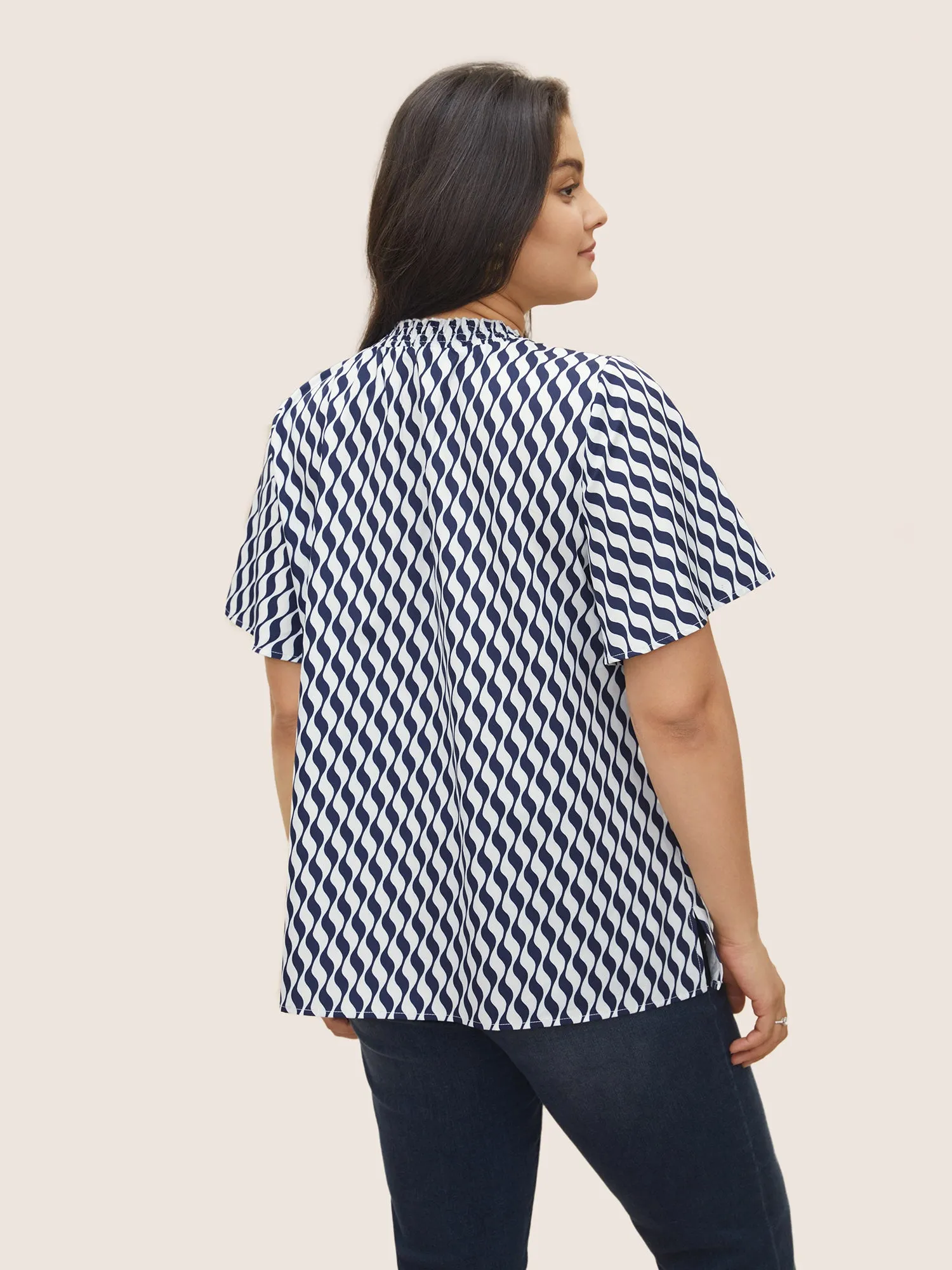 Geometric Mock Neck Shirred Ruffle Sleeve Blouse sold by Bloomchic product image thumbnail 5