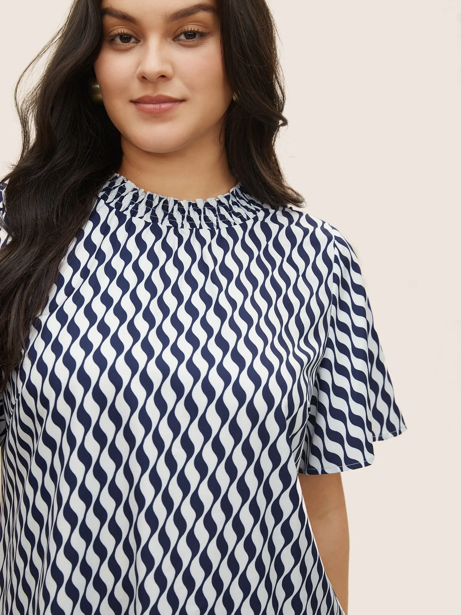 Geometric Mock Neck Shirred Ruffle Sleeve Blouse sold by Bloomchic product image thumbnail 4