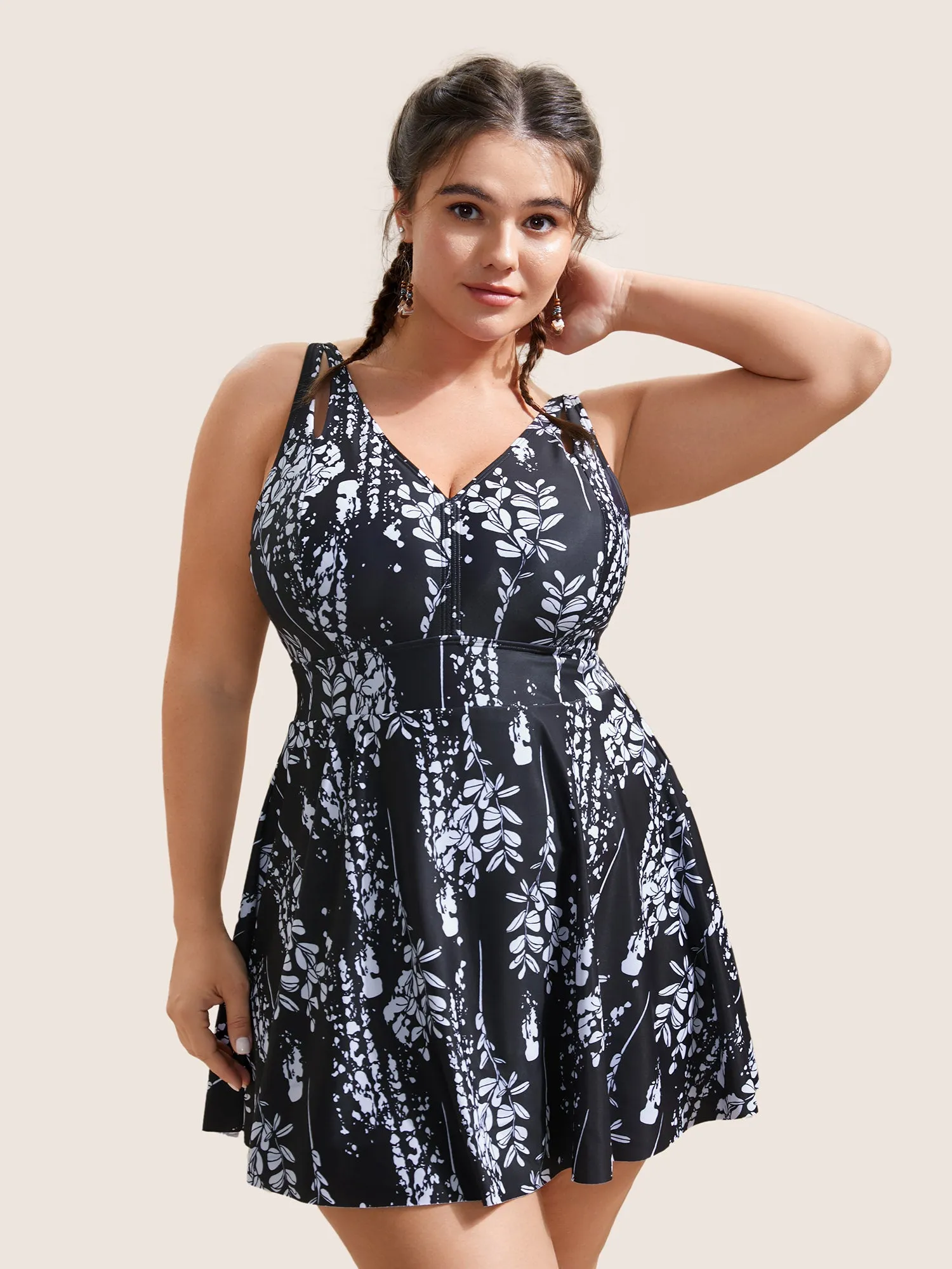 Plants Print Adjustable Straps Cut Out Swim Dress sold by Bloomchic
