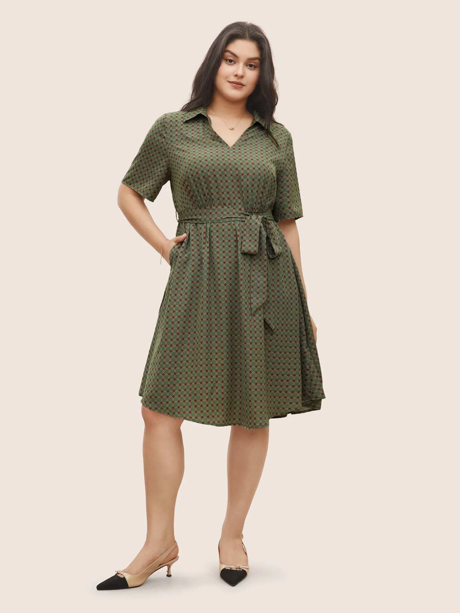 Geometric Print Polo Neck Belted Dress sold by Bloomchic