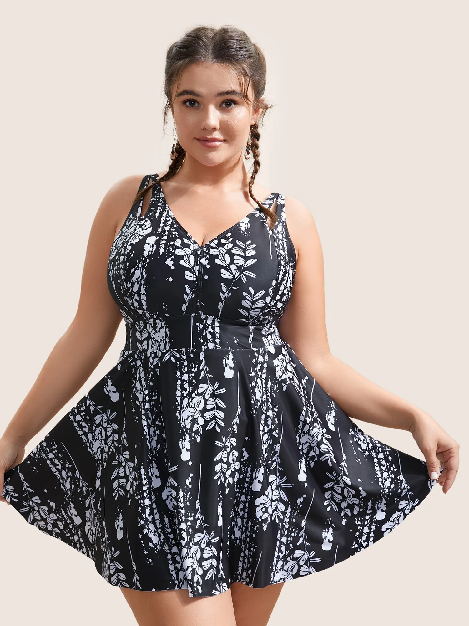 Plants Print Adjustable Straps Cut Out Swim Dress sold by Bloomchic product image thumbnail 3