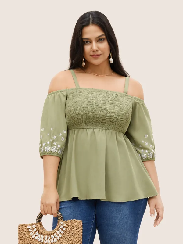 Floral Embroidered Shirred Off Shoulder Blouse sold by Bloomchic