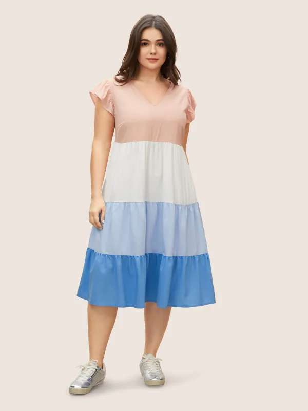 Colorblock Contrast Ruffle Cap Sleeve Dress sold by Bloomchic