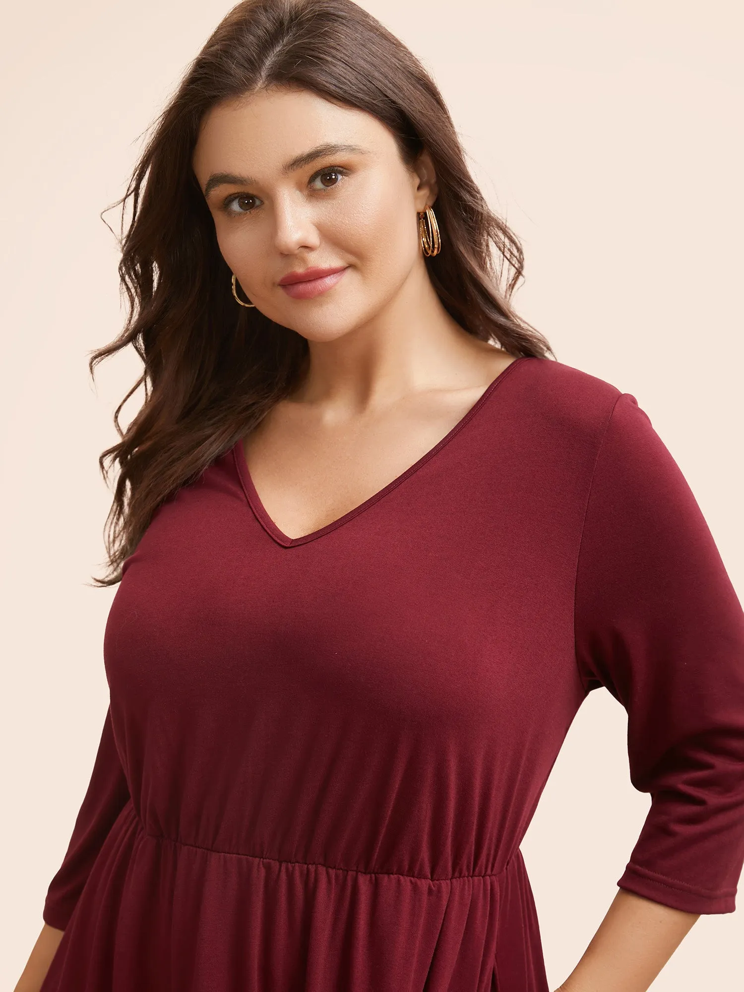 Solid V Neck Elastic Waist Midi Dress sold by Bloomchic product image thumbnail 2