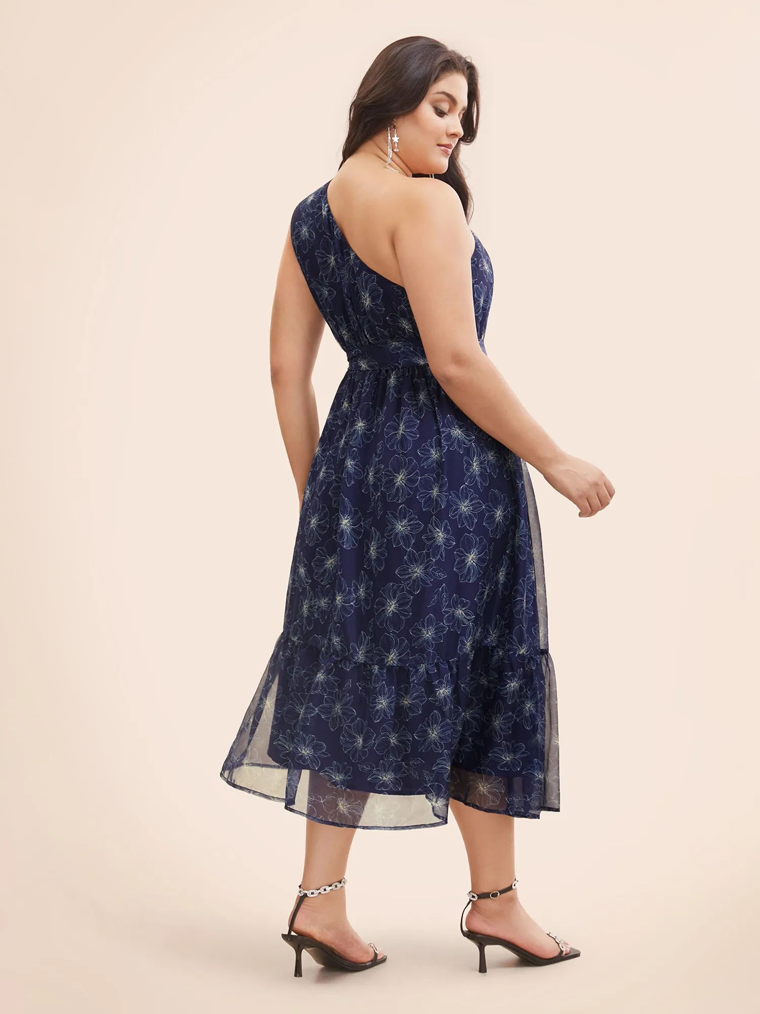 Floral Asymmetrical Neck Mesh Belted Dress sold by Bloomchic product image thumbnail 3