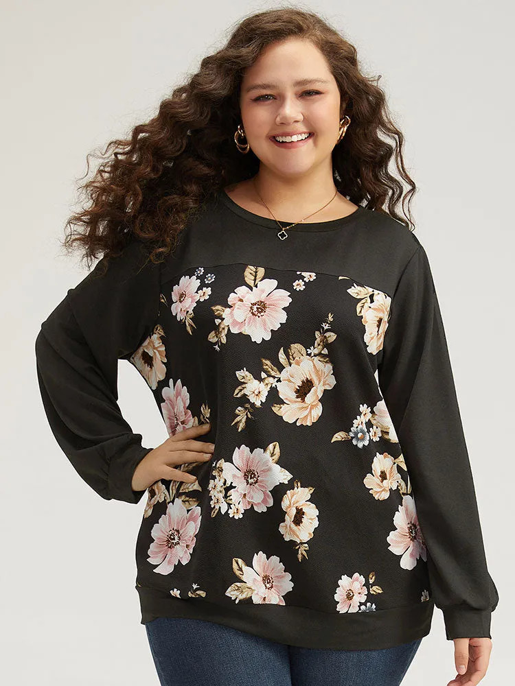 Floral Print Patchwork Round Neck Sweatshirt sold by Bloomchic