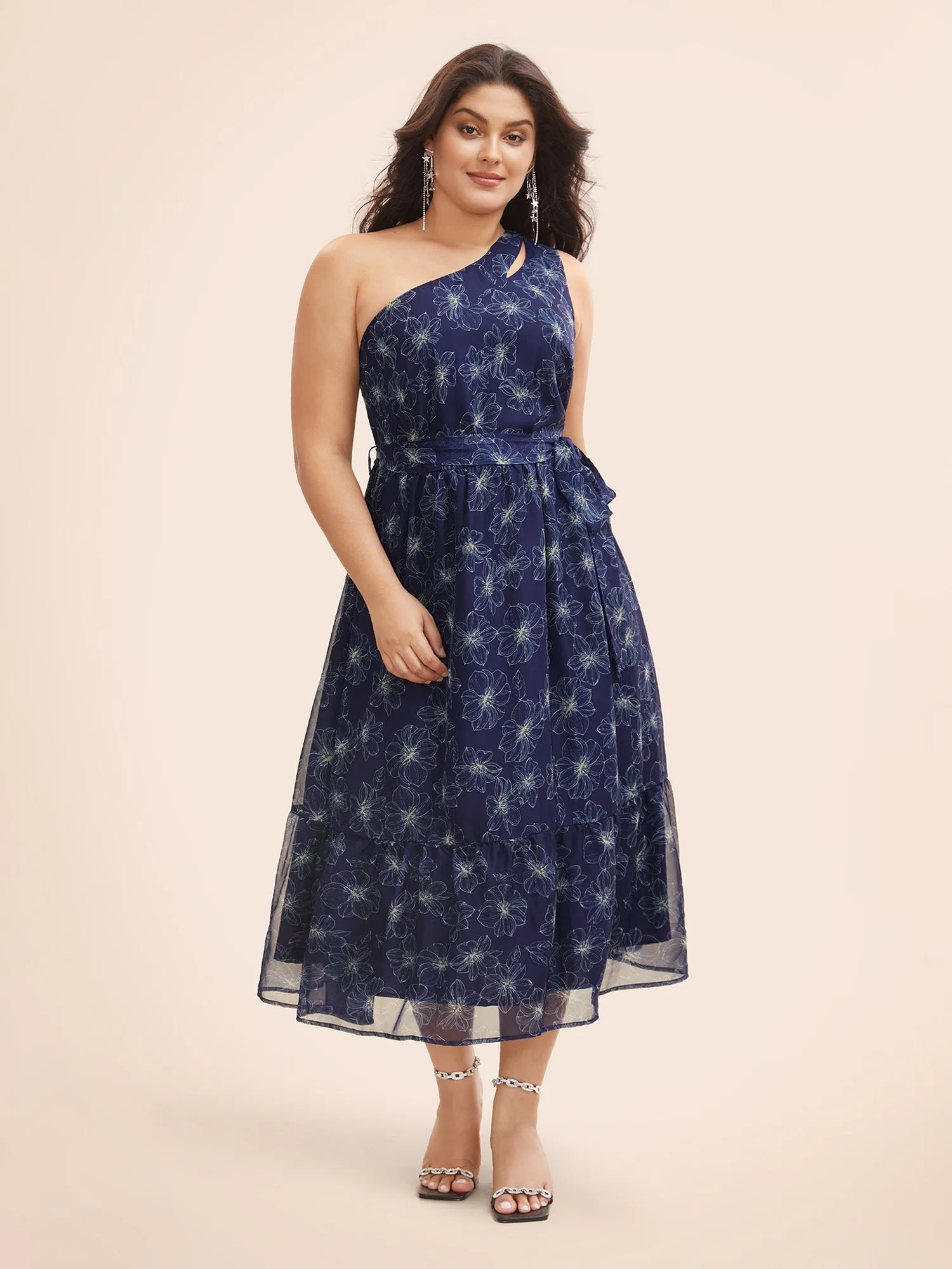 Floral Asymmetrical Neck Mesh Belted Dress sold by Bloomchic product image thumbnail 2