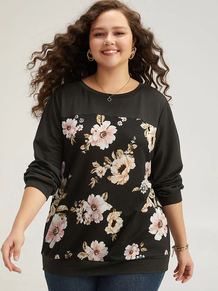 Floral Print Patchwork Round Neck Sweatshirt sold by Bloomchic product image thumbnail 2