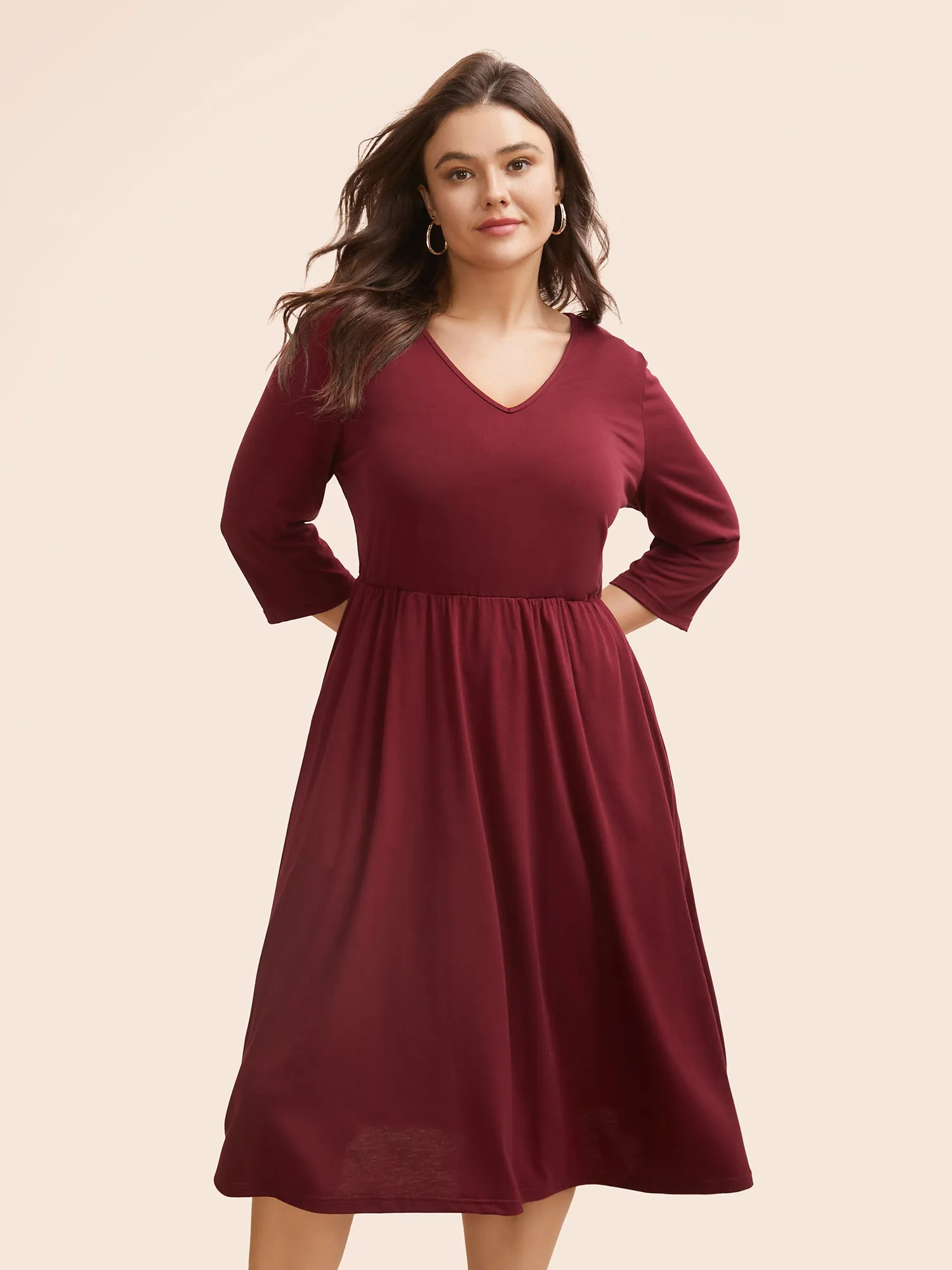 Solid V Neck Elastic Waist Midi Dress sold by Bloomchic product image thumbnail 3
