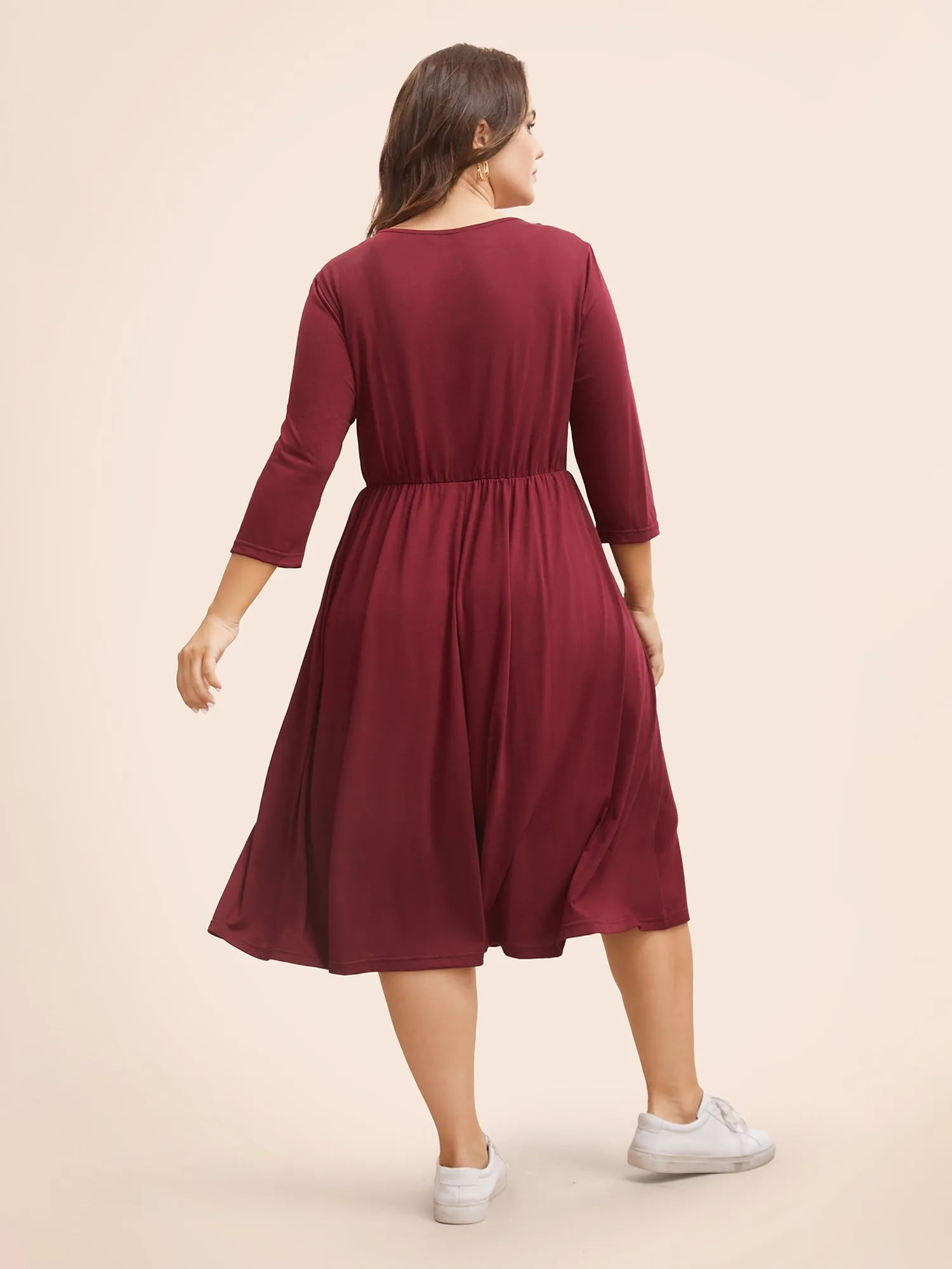 Solid V Neck Elastic Waist Midi Dress sold by Bloomchic product image thumbnail 4