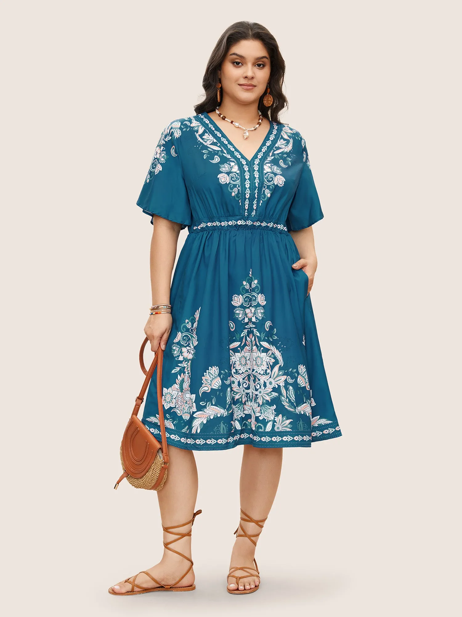 Bandana Print Ruffle Sleeve V Neck Pocket Knee Dress sold by Bloomchic