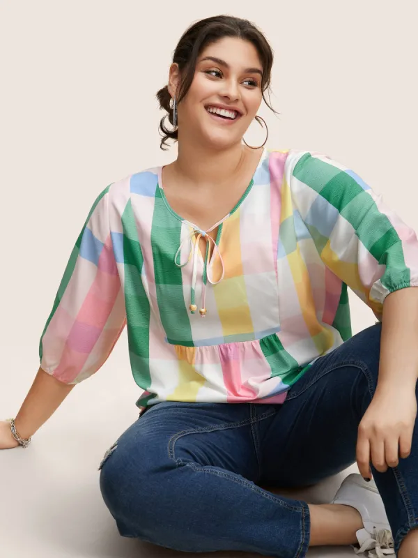 Contrast Plaid Tie Knot Lantern Sleeve Blouse sold by Bloomchic