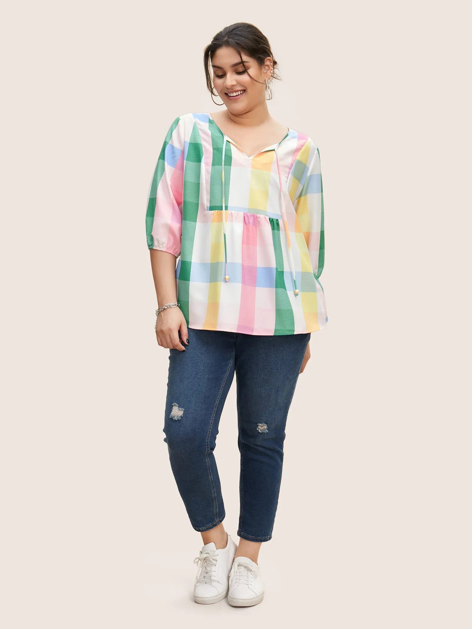 Contrast Plaid Tie Knot Lantern Sleeve Blouse sold by Bloomchic product image thumbnail 4