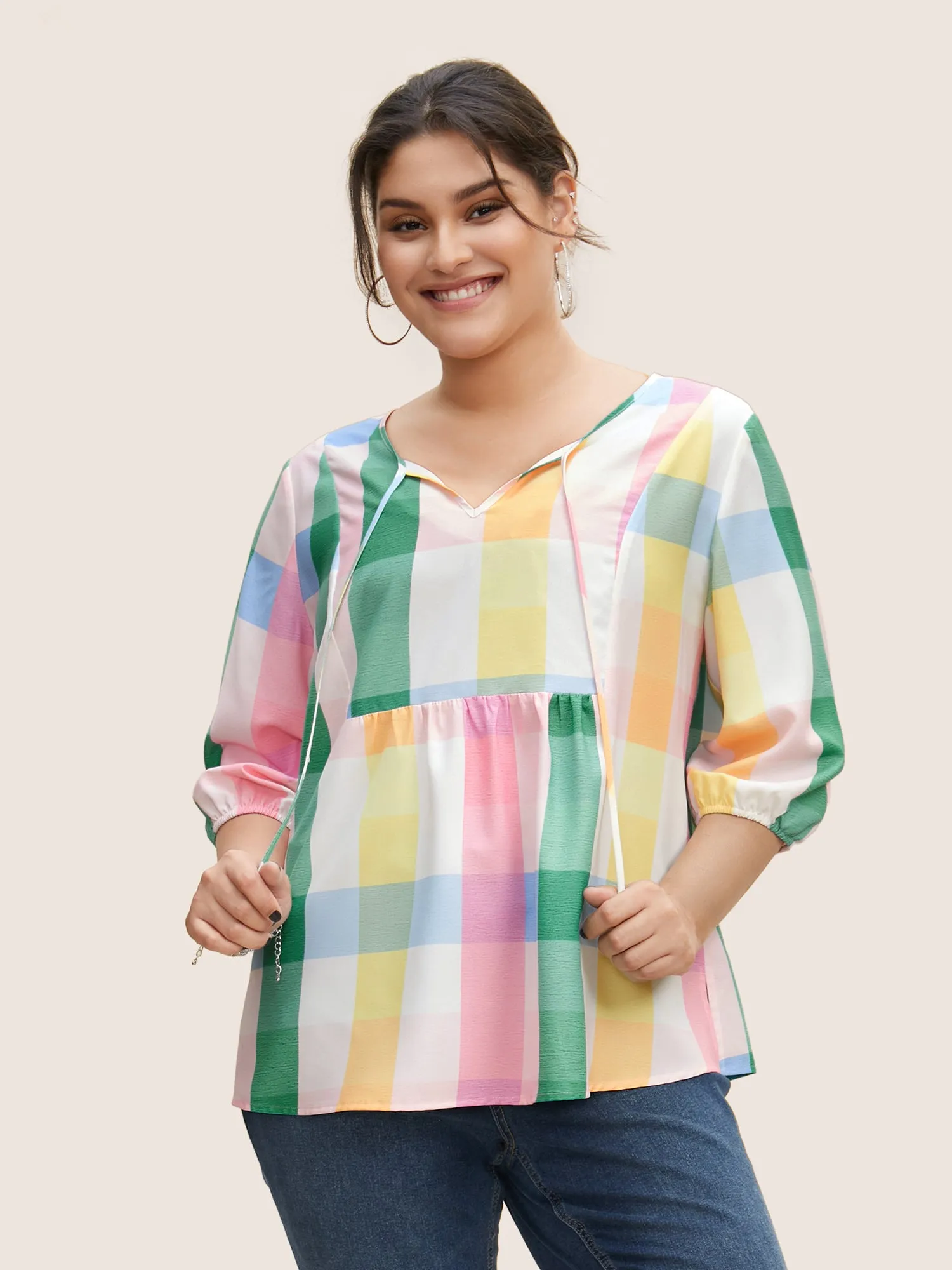 Contrast Plaid Tie Knot Lantern Sleeve Blouse sold by Bloomchic product image thumbnail 3