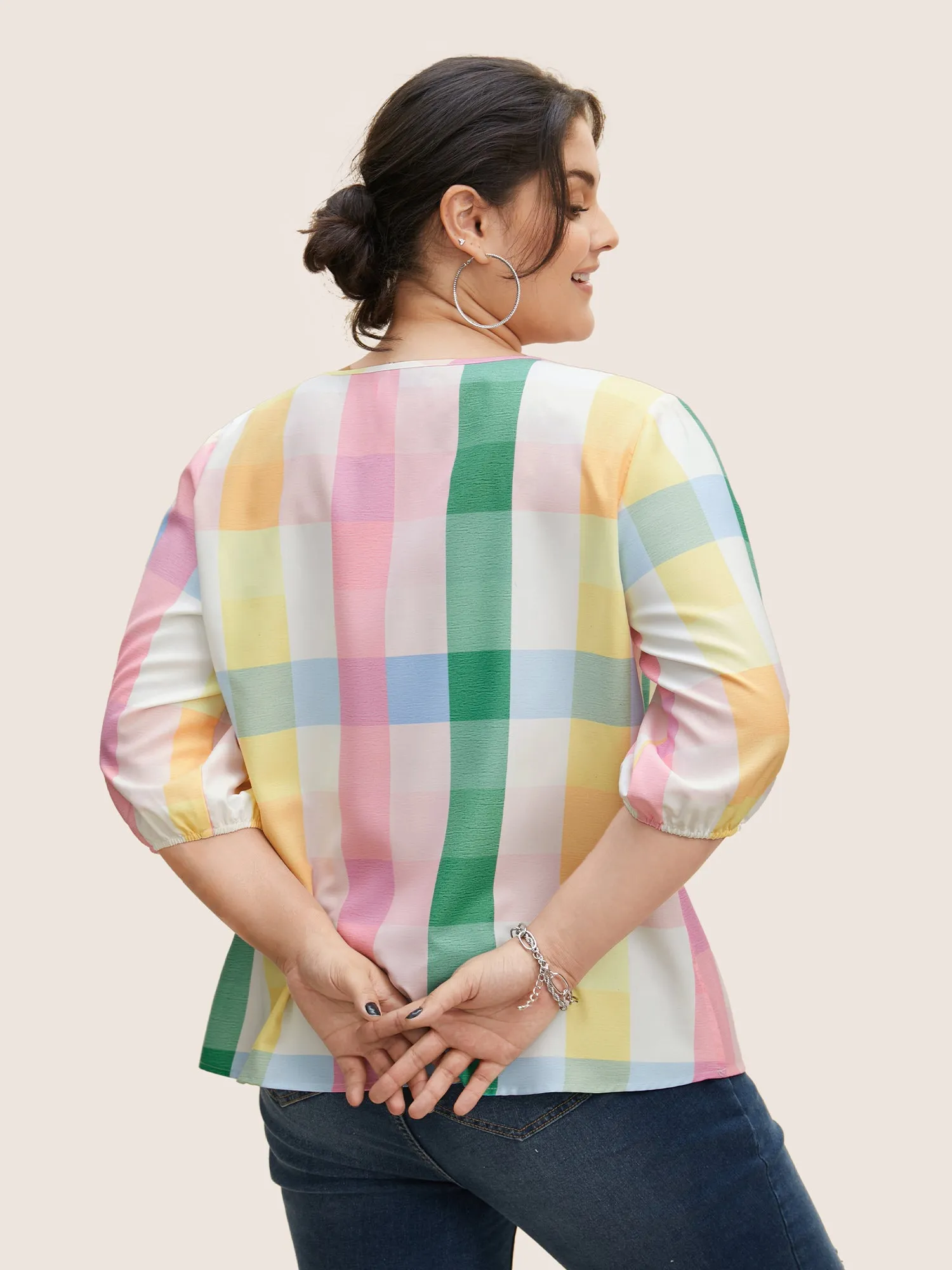 Contrast Plaid Tie Knot Lantern Sleeve Blouse sold by Bloomchic product image thumbnail 5