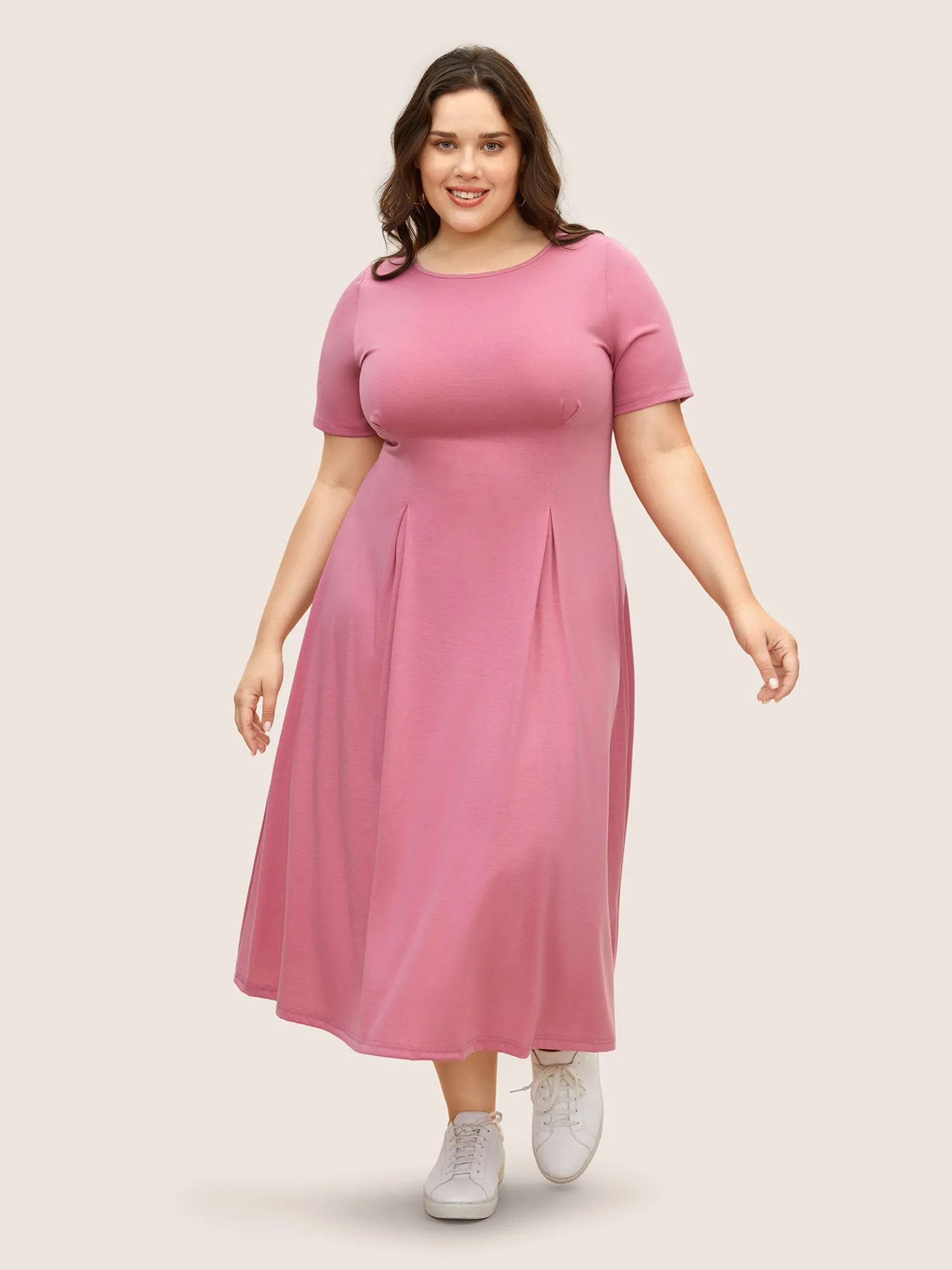 Solid Crew Neck Plicated Detail Dress sold by Bloomchic