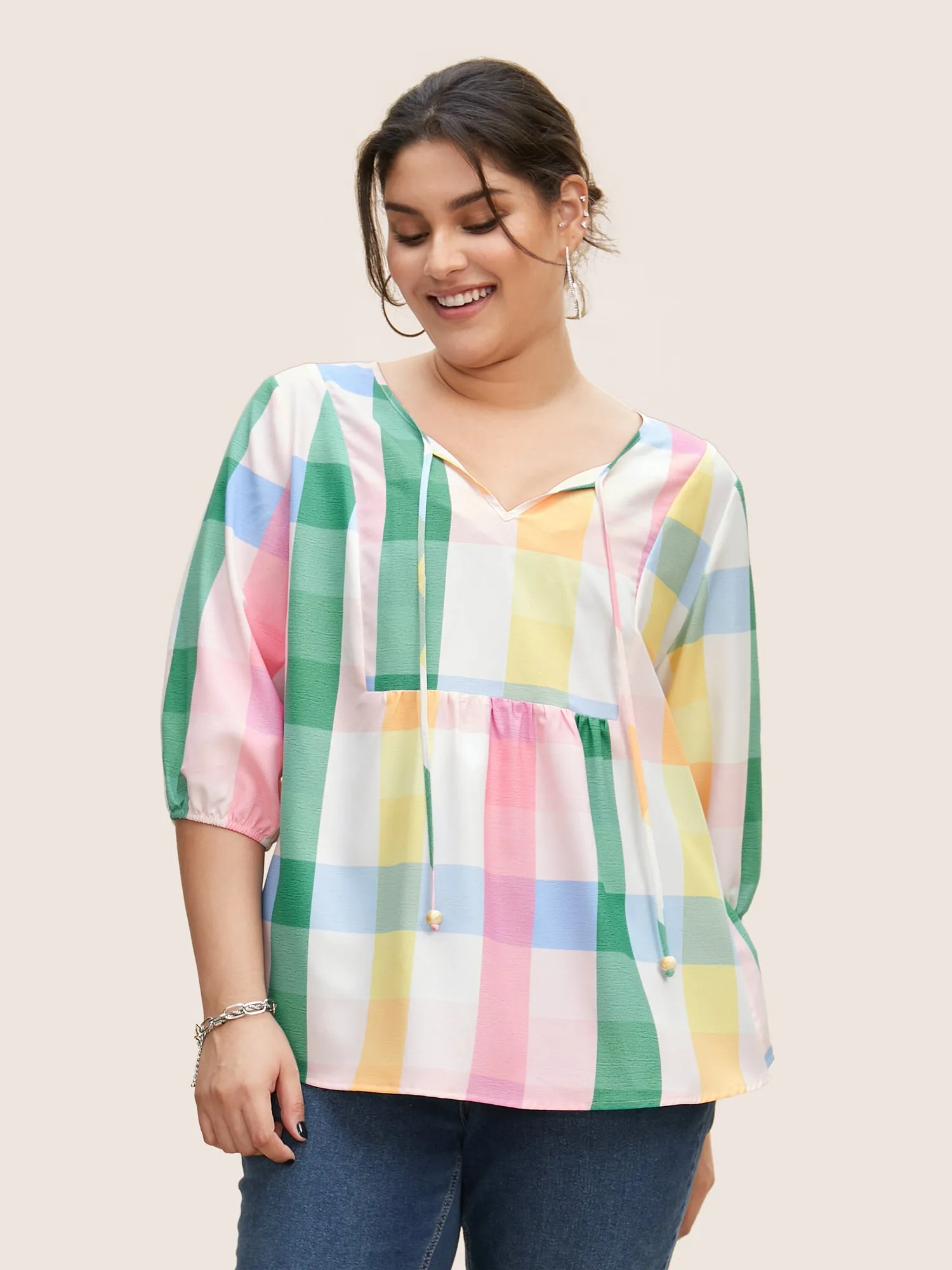 Contrast Plaid Tie Knot Lantern Sleeve Blouse sold by Bloomchic product image thumbnail 2