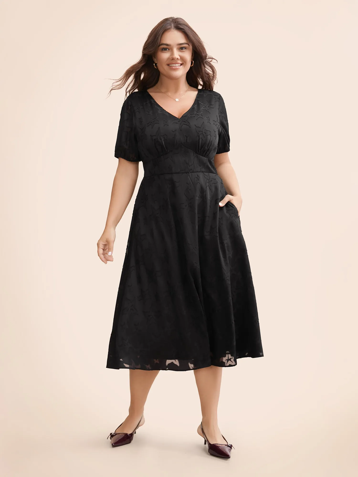 Star Textured Lantern Sleeve Midi Dress sold by Bloomchic product image thumbnail 2