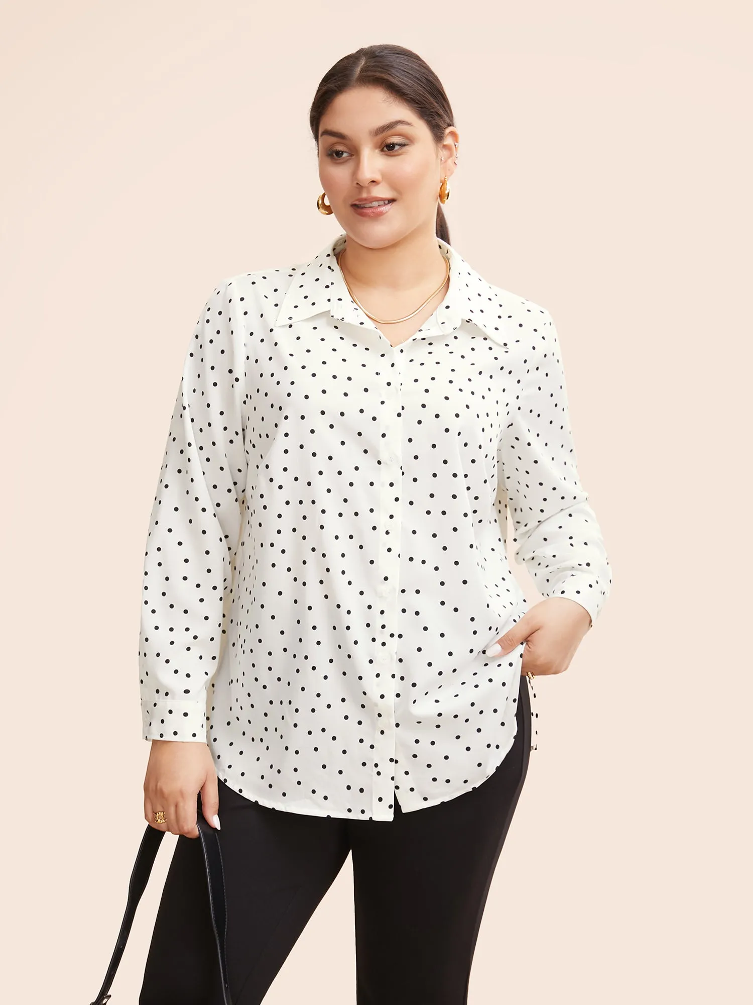 Polka Dot Shirt Collar Slit Hem Blouse sold by Bloomchic product image thumbnail 3