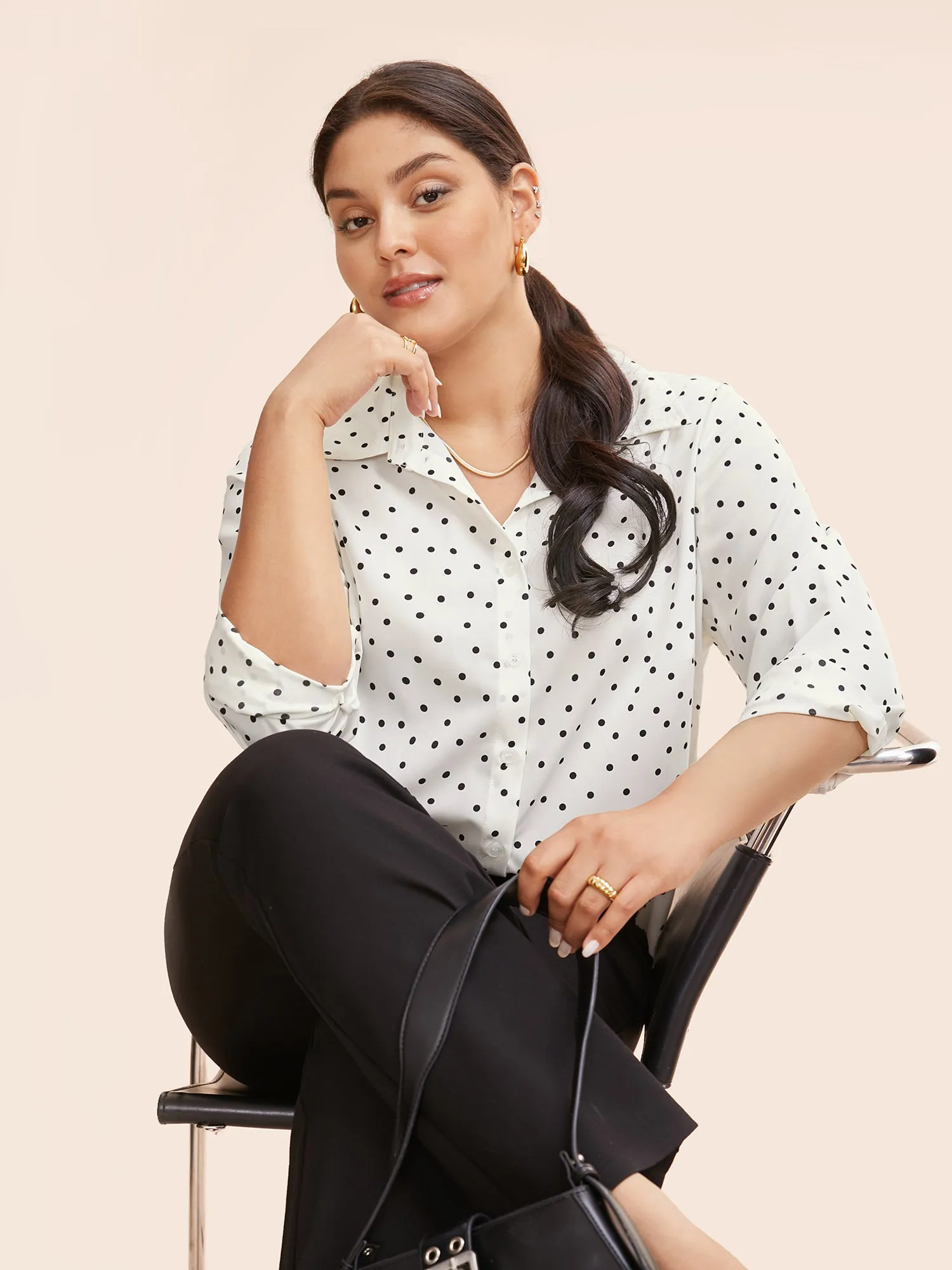 Polka Dot Shirt Collar Slit Hem Blouse sold by Bloomchic