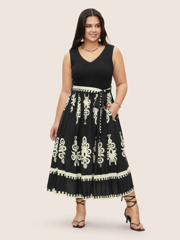 Rayon Boho Print Shirred Belted Dress sold by Bloomchic