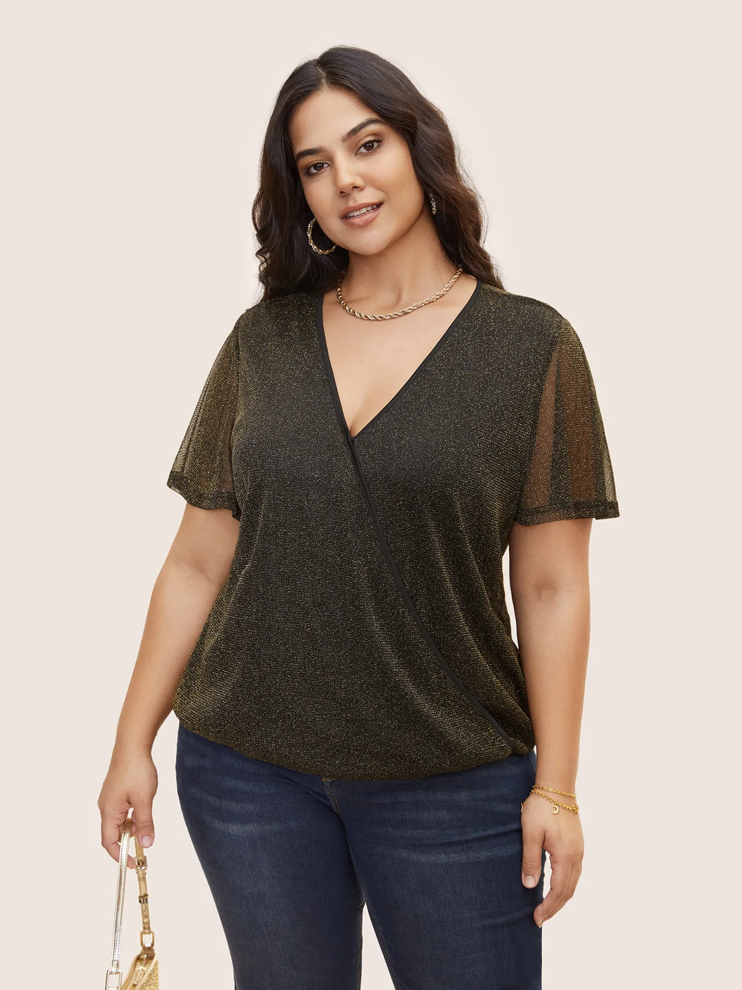 Overlap Collar Metallic Luster Knitted Mesh Blouse sold by Bloomchic