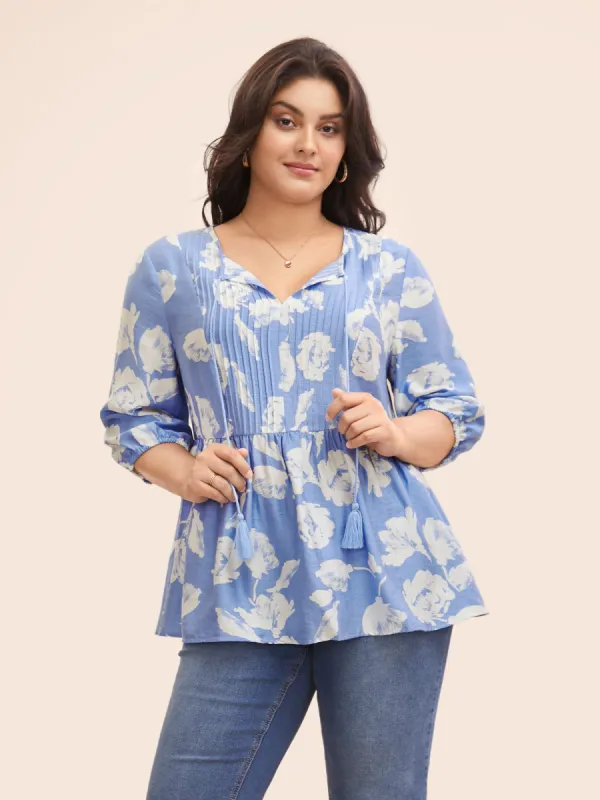 Floral Pleated Tassel Trim Lantern Sleeve Blouse sold by Bloomchic