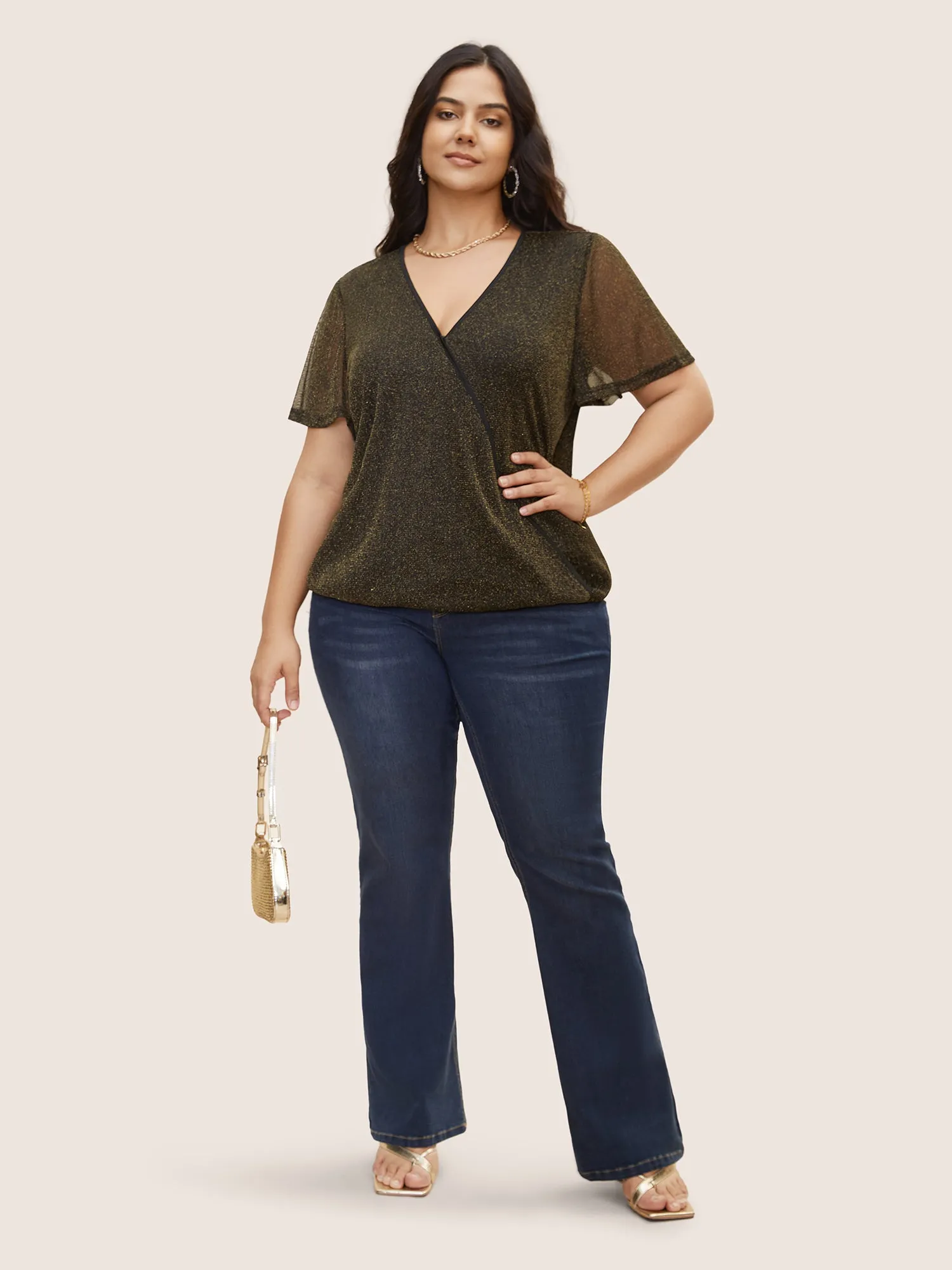 Overlap Collar Metallic Luster Knitted Mesh Blouse sold by Bloomchic product image thumbnail 2