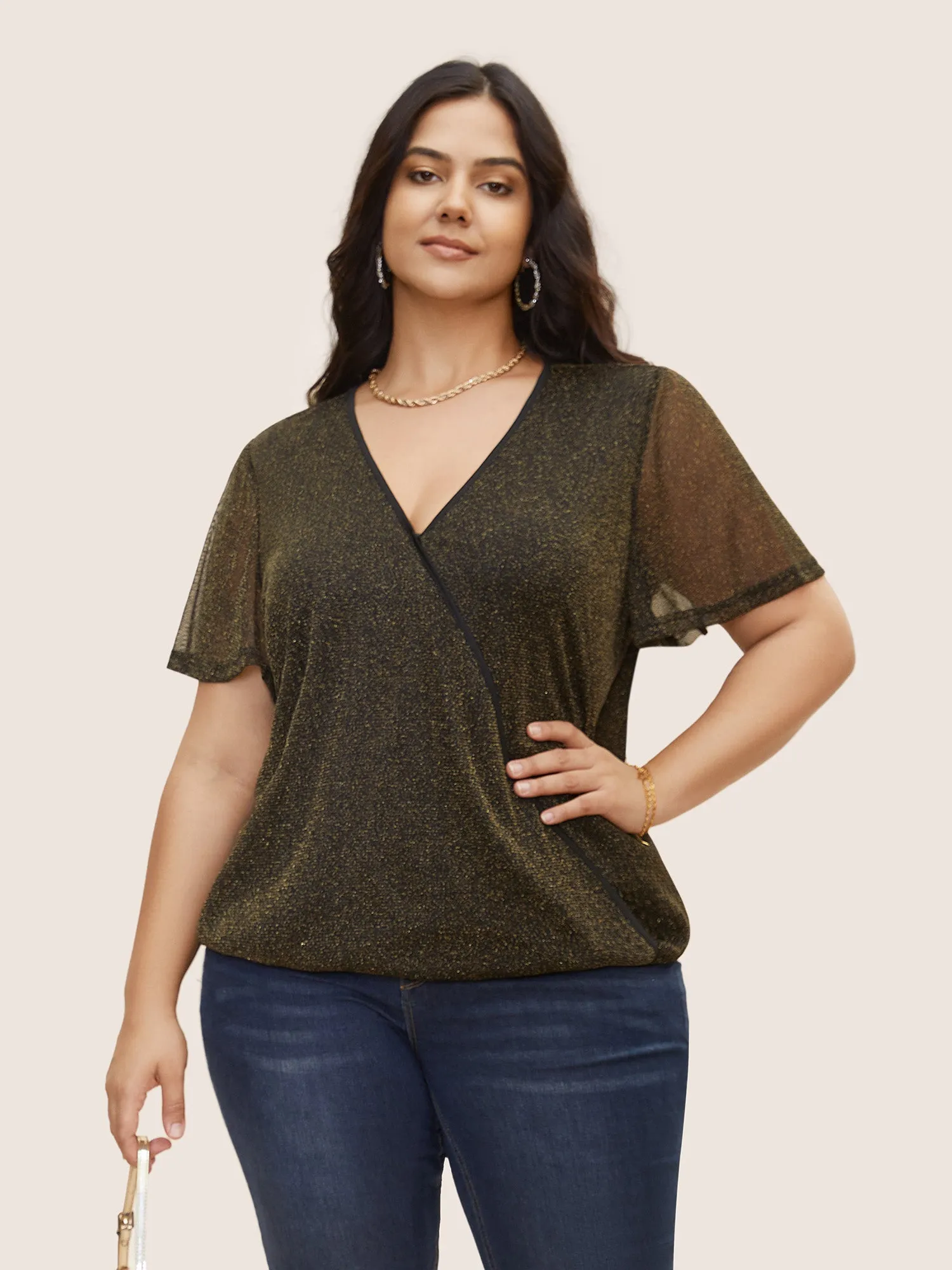 Overlap Collar Metallic Luster Knitted Mesh Blouse sold by Bloomchic product image thumbnail 3