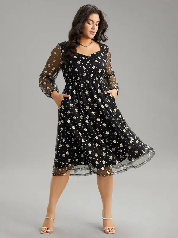 Floral Lace Mesh Pocket Elastic Waist Dress sold by Bloomchic