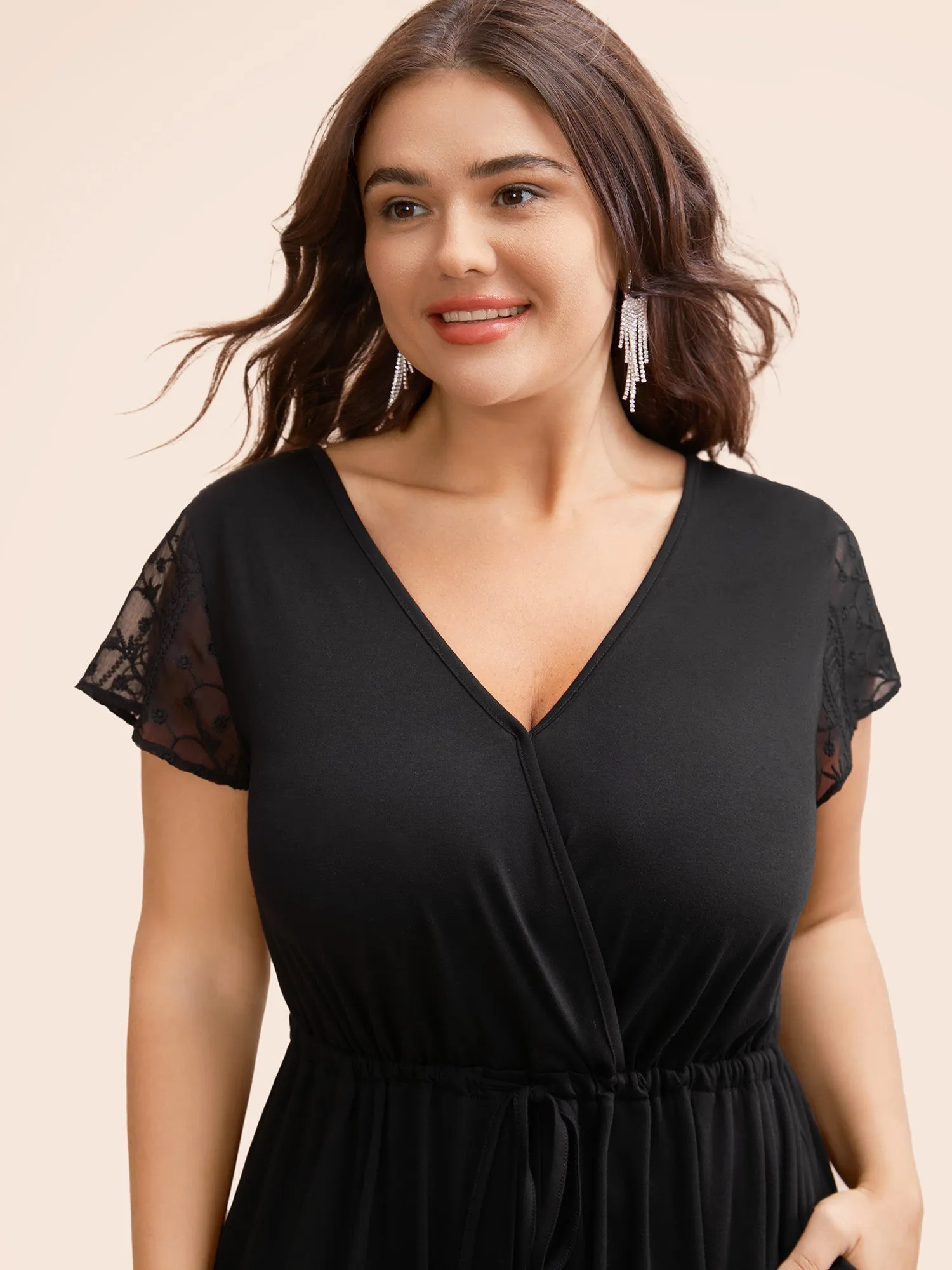 Overlap Collar Drawstring Mesh Cap Sleeve Jumpsuit sold by Bloomchic product image thumbnail 4