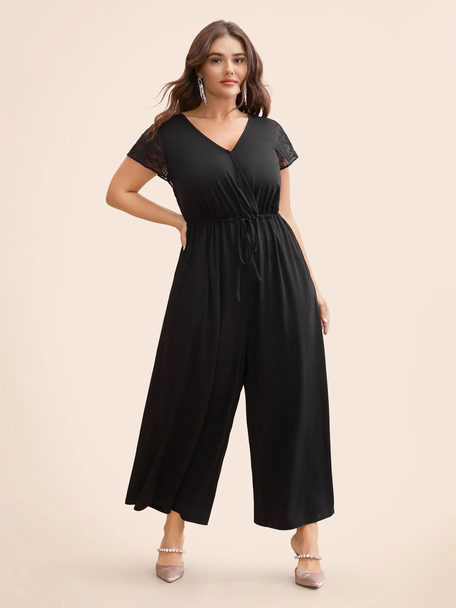 Overlap Collar Drawstring Mesh Cap Sleeve Jumpsuit sold by Bloomchic product image thumbnail 3