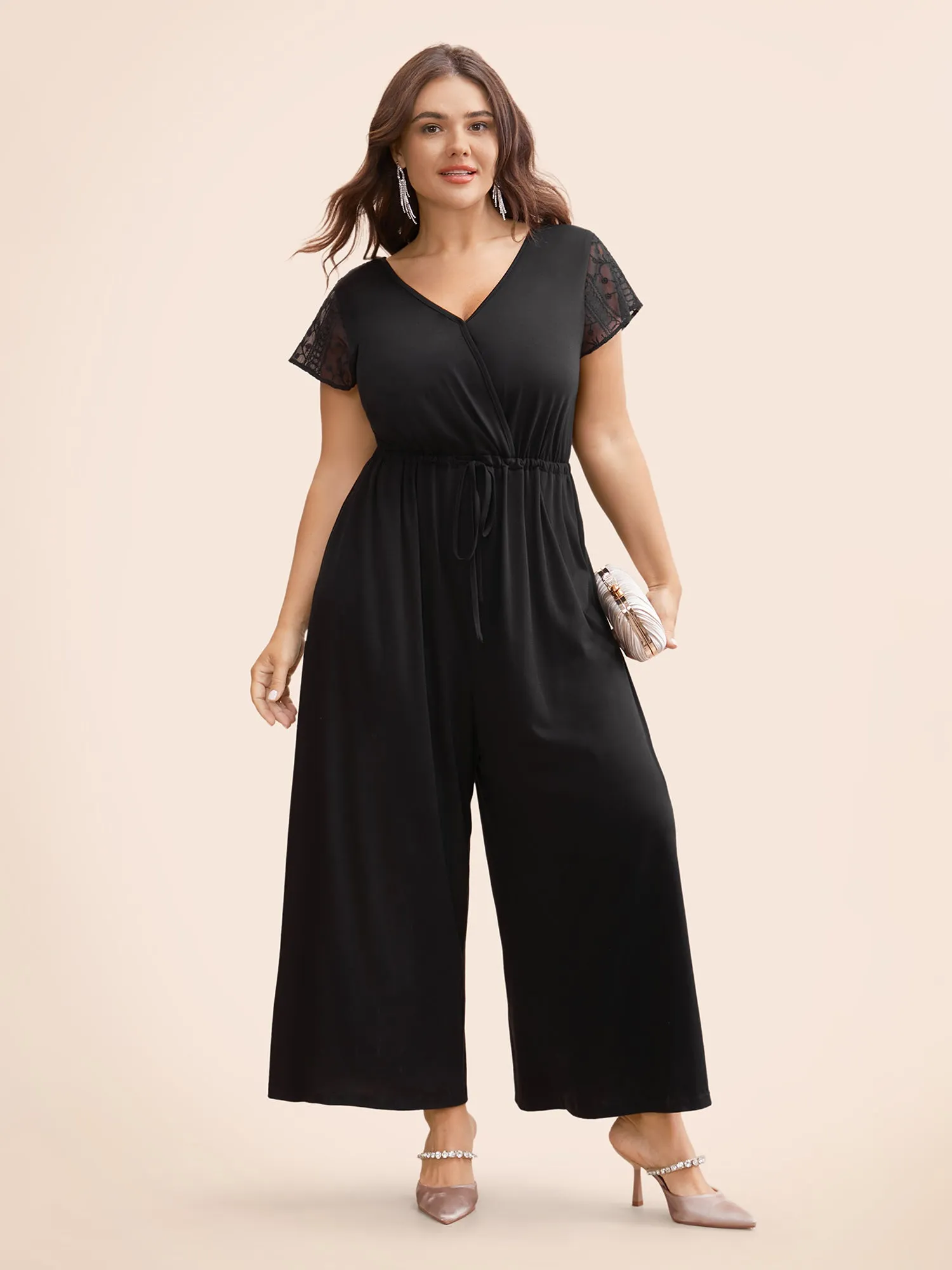 Overlap Collar Drawstring Mesh Cap Sleeve Jumpsuit sold by Bloomchic product image thumbnail 2