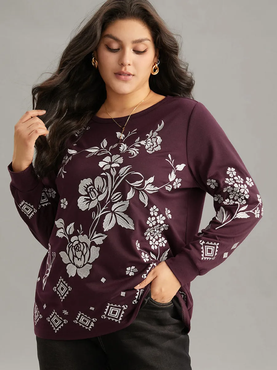Boho & Floral Textured Embroidery Round Neck Sweatshirt sold by Bloomchic