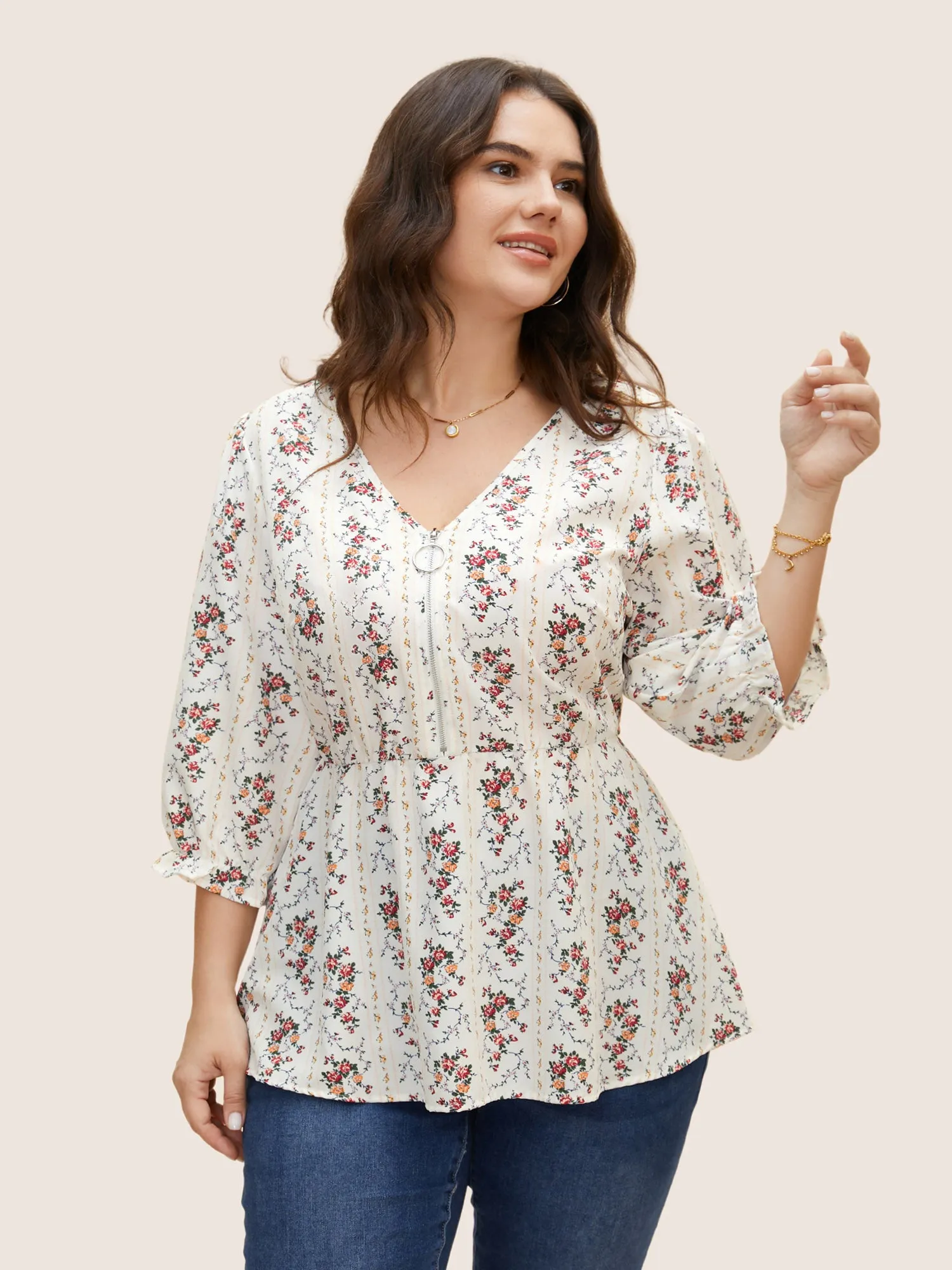 Boho Print O Ring Zipper Lantern Sleeve Blouse sold by Bloomchic